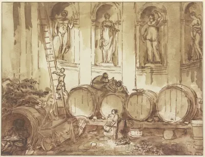 Weinlager In Einer Nischenhalle Mit Vier Statuen Antiker Gottheiten