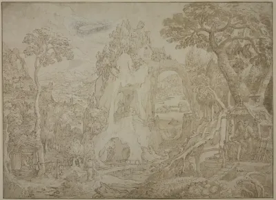 Weite Gebirgs Und Flachlandschaft Mit Verschiedenen Stationen Aus Dem Leben Eines Heiligen Einsiedlers Des Heiligen Antonius