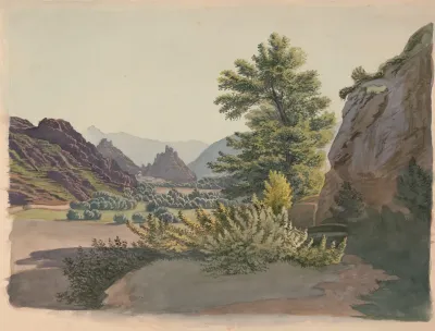 Western Scene With Buttes And Possibly A Pueblo Community In The Distance As Seen From A Ravine With A Cottonwood Tree
