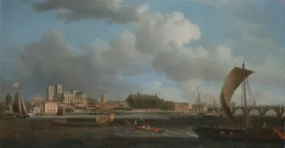 Westminster From Lambeth With The Ceremonial Barge Of The Ironmongers Company