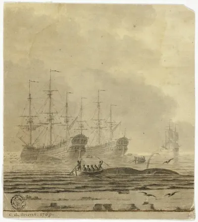Whaling Ships And Small Boats With Whale