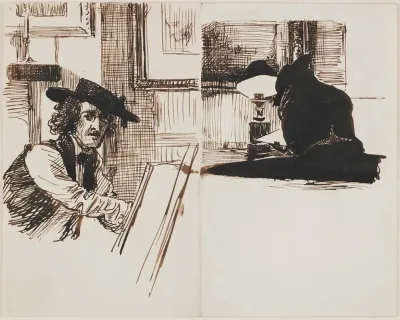 Whistler Drawing Poynter Back View Of A Man Seated At A Table Near A Lighted Lamp