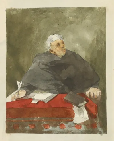White Haired Man In Black Robe Seated At A Desk And Holding A Quill Pen