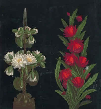 White Water Lilies In A Two Tiered Fountain And Red Flowers With Pointed Leaves On Black Background