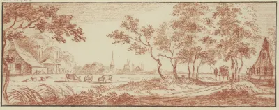 Wiese Vor Einem Dorf Rechts Zwischen Baumen Ein Wagen