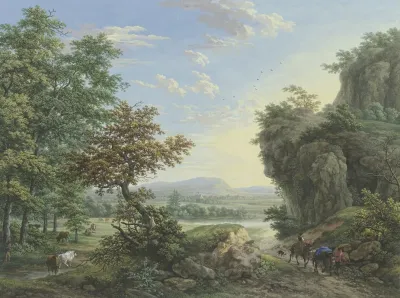 Wiesengrund An Flus Und Wald Rechts Hohe Felsen