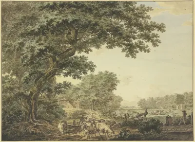 Wiesengrund Zwischen Dem Wald Mit Vielem Vieh Vorne Ein Schafer Mit Seiner Herde Auf Einer Brucke Rechts Ein Angler