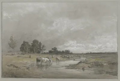 Wiesenlandschaft Mit Trinkender Herde