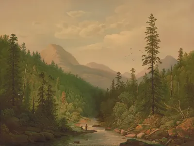 Wilderness Scene With Two People Fishing In A River