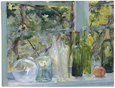 Windowsill With Bottles A Glass Globe And An Apple