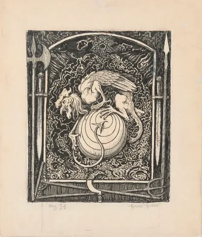 Winged Creature With Roosters Head Embracing A Ball