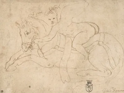 Winged Infant Riding A Crouching Horse