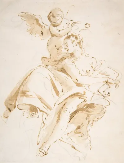 Winged Putto Crowning A Seated Woman Who Looks To The Left