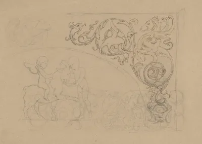 Winged Putto Sitting On A Goat Child Watering A Goat From A Bowl Arabesque Ornaments