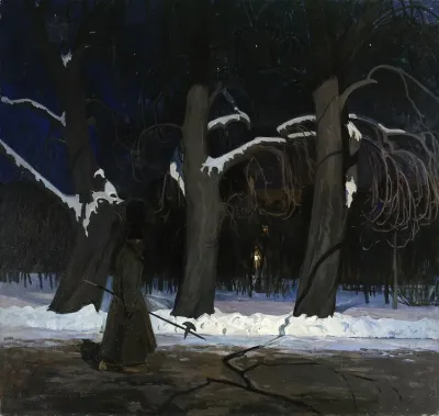 Winter Landscape At Night With A Halberdier