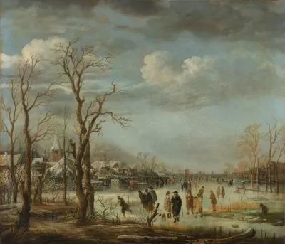 Winter Landscape Near A Town With Bare Trees