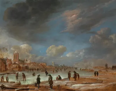 Winter Landscape Near A Town With Kolf Players