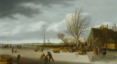 Winter Landscape With A Boy On Skates Pushing A Sled
