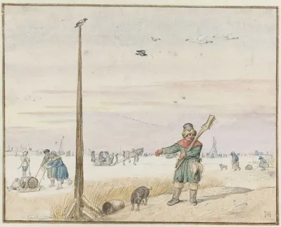 Winter Landscape With A Duck Hunter With Game In His Belt And His Gun Over His Shoulder On The Bank Of A Frozen River
