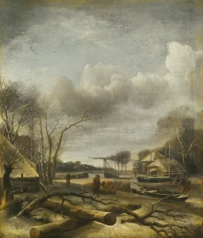 Winter Landscape With A Man Fixing A Sled At The Edge Of A Frozen River
