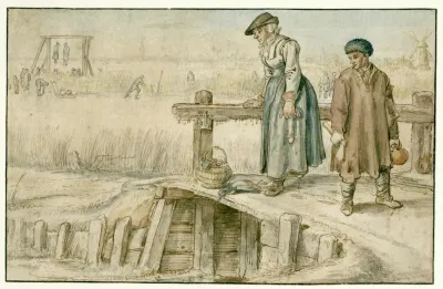 Winter Landscape With A Woman And A Youth On A Small Bridge Skaters And A Gallows In The Distance