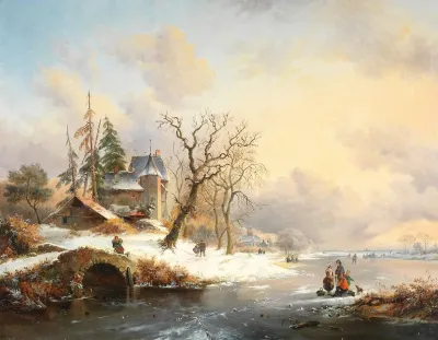Winter Landscape With Figures Near A Mansion
