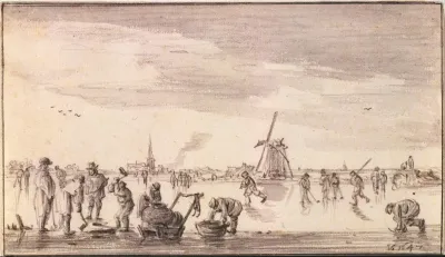 Winter Landscape With Skaters And Fishermen