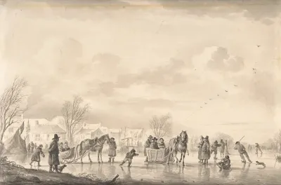 Winter Landscape With Skaters And Horse Drawn Sledges On The Ice A Village Below