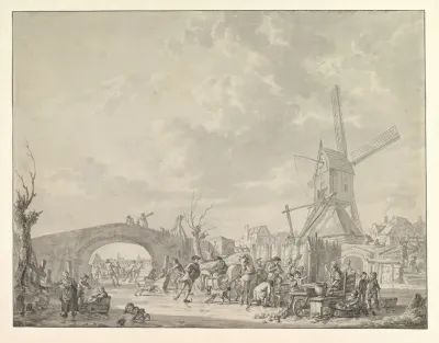 Winter Landscape With Skaters And Sledges On The Ice A Bridge And A Mill Behind