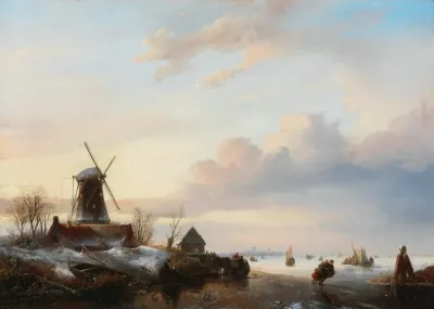 Winter Landscape With Skaters Beside A Windmill