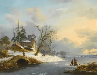 Winter Landscape With Strollers And Skaters