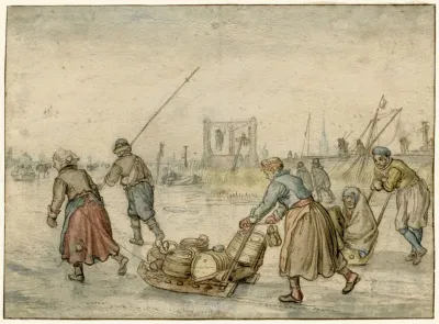 Winter Landscape With Two Women And A Sledge And Other Figures On The Ice A Gallows In The Distance