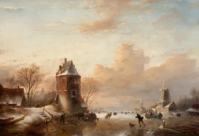 Winter Landscape With Windmills And Skaters