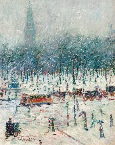 Winter New York Snow Scene With Madison Square Garden In The Distance