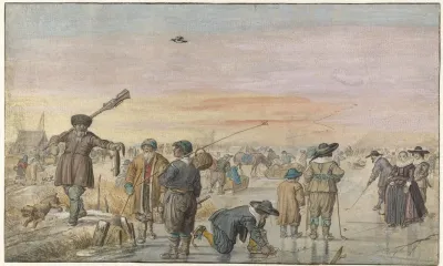 Winter Scene On The Ice With A Hunter Showing An Otter