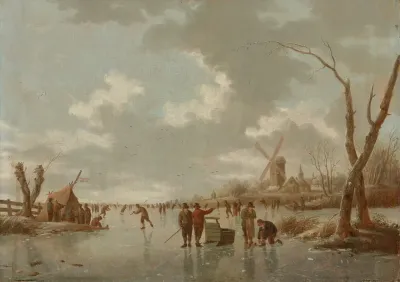 Winter Scene With Skaters On A Frozen River