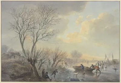Winterlandschaft Auf Dem Eis Schieben Drei Manner Ein Boot Dem Land Zu Dabei Zwei Hunde Stehend