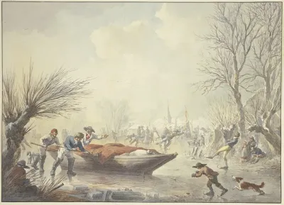 Winterlandschaft Auf Dem Eis Schieben Drei Manner Ein Boot Dem Land Zu Rechts Ein Schlittschuhlaufer Den Ein Hund Verfolgt
