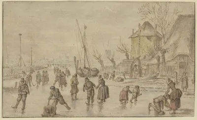 Winterlandschaft Auf Dem Eis Viele Schlittschuhlaufer Rechts Schnallt Ein Mann Einer Frau Die Schlittschuhe An