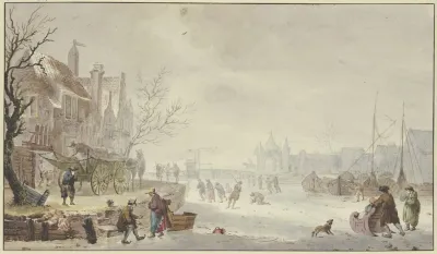 Winterlandschaft Auf Dem Flus Schlittschuhlaufer Links Am Quai Ein Wagen