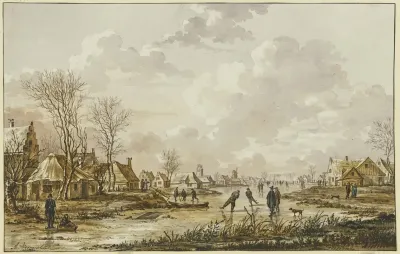 Winterlandschaft Auf Einem Gefrorenem Fluss Bei Einem Stadtchen Schhlittschuhlaufer