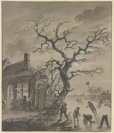 Winterlandschaft Im Mondschein Mit Schlittschuhlaufern Bei Einem Beleuchteten Haus Und Einem Kahlen Baum