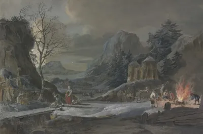 Winterlandschaft Im Mondschein Rechts Unterhalten Bauern Ein Groses Feuer