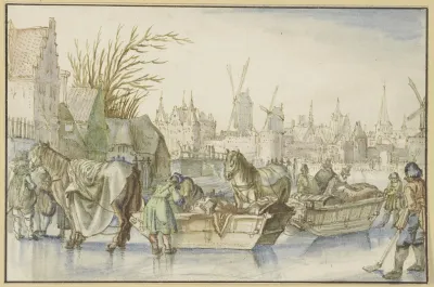 Winterlandschaft Im Vordergrund Zwei Mit Pferden Bespannte Schlitten