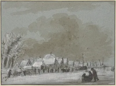 Winterlandschaft Links Ein Dorf Eingefrorene Schiffe Rechts Auf Dem Eis Zieht Ein Mann Ein Schlitten