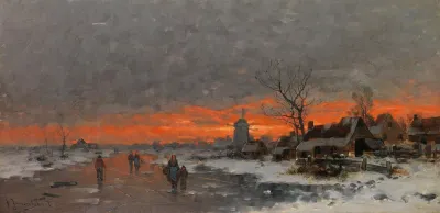 Winterlandschaft Mit Dorfsilhouette Im Abendrot