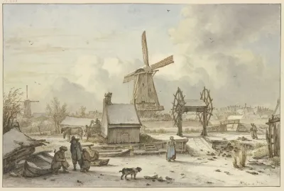 Winterlandschaft Mit Schiffhebewerk Und Windmuhle