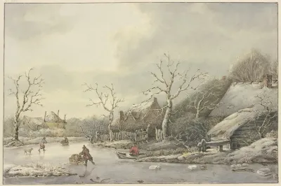 Winterlandschaft Mit Schlittschuhlaufern Auf Einem Kanal