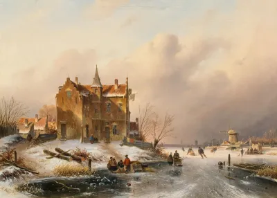 Winterlandschaft Mit Schlittschuhlaufern Auf Einem Zugefrorenen See