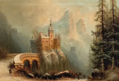 Winterlandschaft Mit Schlossanlage Im Gebirge
